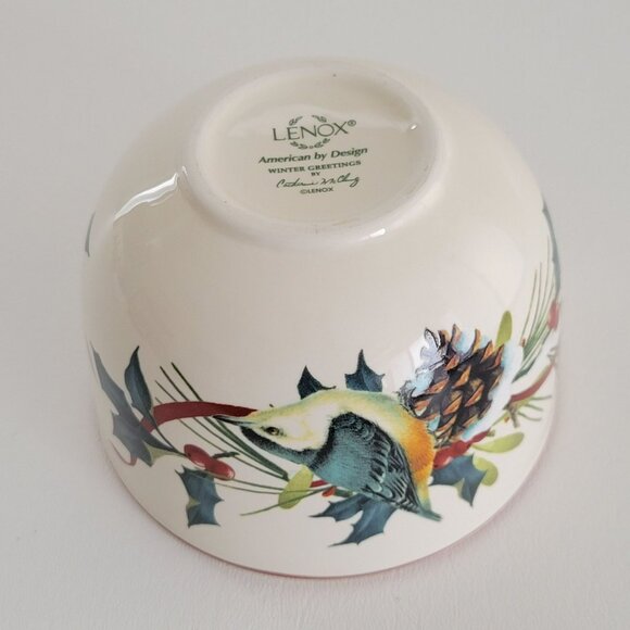 Vintage Lenox Winter Greetings 4" Nesting Bowl, Nuthatch Bird, Holly & Pinecone - Picture 5 of 8